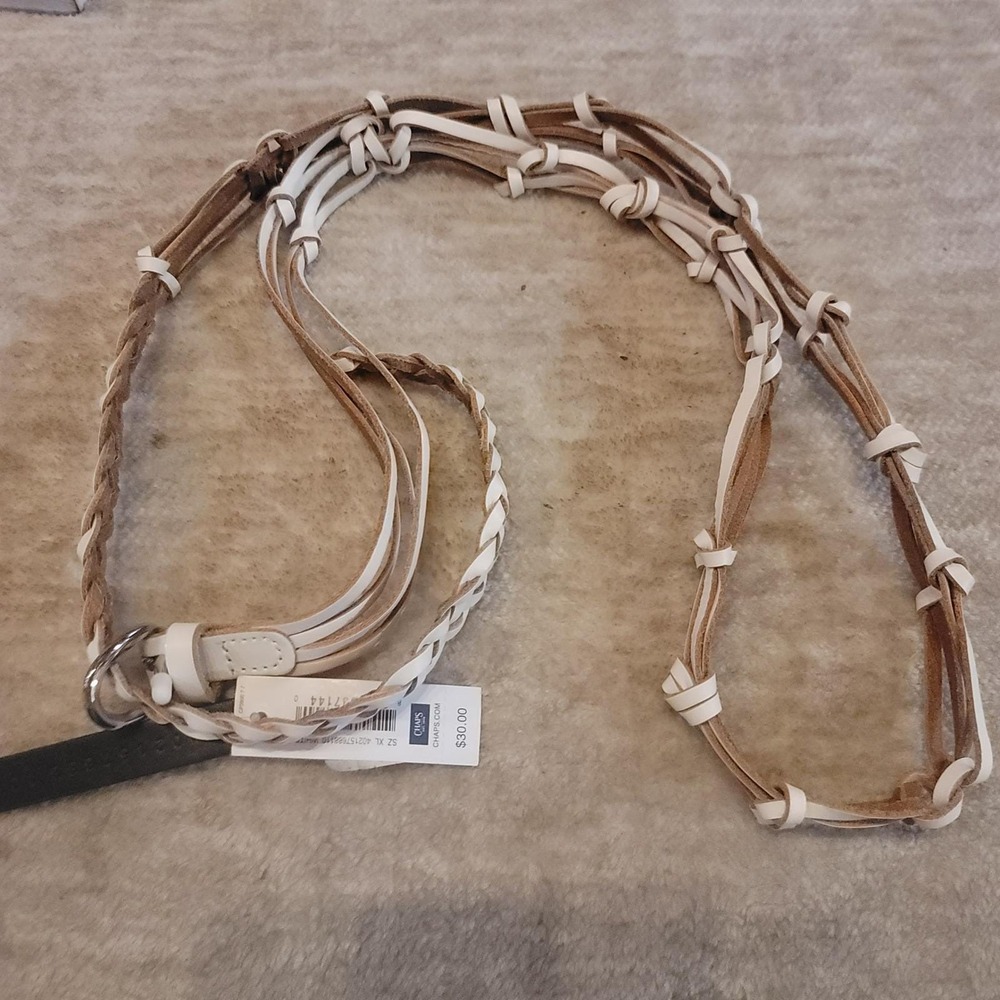 NWT Chaps Braided Leather Belt White Tan Knotted Accent Silver Buckle Women's XL